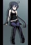  ahoge bare_shoulders black_hair blue_eyes braid breasts casual fearless_night highres knees_together_feet_apart long_hair medium_breasts midriff pale_skin pants pillarboxed poco_muerte shoes sitting solo spike_wible tank_top twin_braids wristband 