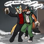  alcohol anthro beverage canine clothed clothing dingo duo eyes_closed male mammal open_shirt shirt 