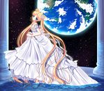  absurdly_long_hair back_bow barefoot bishoujo_senshi_sailor_moon blonde_hair blue_eyes bow crescent double_bun dress facial_mark flower forehead_mark full_body hair_flower hair_ornament hairpin highres long_hair pillar planet princess_serenity shirato_sayuri skirt_hold smile solo strapless strapless_dress tsukino_usagi twintails very_long_hair water white_dress 