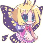  ahoge androgynous antennae blonde_hair blue_eyes blush bow bug butterfly butterfly_wings dress fairy insect lowres misasagi_yuuya multicolored multicolored_wings purple_wings shimon shimotsuma short_hair simple_background solo white_background wings yellow_wings 