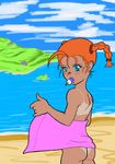  beach blue_eyes female hair ice_pop nude orange_hair pigtails seaside tan tan_line towel young 