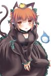  animal_ears black_dress braid breasts cat_ears cat_tail cleavage cleavage_cutout dress fingernails food fruit ha_ru highres hitodama in_heat kaenbyou_rin medium_breasts multiple_tails open_mouth orange red_eyes red_hair sharp_fingernails short_hair sitting solo tail touhou twin_braids 