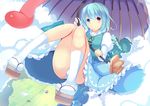  blue_hair cloud commentary_request daiaru flying_sweatdrops heterochromia juliet_sleeves long_sleeves looking_at_viewer oriental_umbrella panties polka_dot polka_dot_panties puffy_sleeves purple_umbrella shirt short_hair skirt solo tatara_kogasa touhou tsukumogami umbrella underwear upskirt vest white_panties 