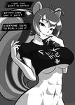  abs animal_ears antenna_hair blazblue bottomless breasts clothes_writing commentary crop_top english finger_to_mouth fuck-me_shirt greyscale huge_breasts ian_chase makoto_nanaya meme_attire monochrome naughty_face navel profanity short_hair solo speech_bubble squirrel_ears squirrel_tail tail underboob 