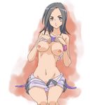  1girl artist_request bare_shoulders black_eyes black_hair breasts erect_nipples eureka_seven eureka_seven_(series) facial_mark female gradient gradient_background hat large_breasts long_hair looking_at_viewer lowres midriff mound_of_venus navel nipples no_bra open_fly shirt_lift shorts simple_background sitting solo talho_yuuki tattoo thigh_gap unzipped 