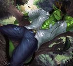  abs anthro antlers belt biceps big_muscles black_hair bulge chinese_dragon clothing dragon dramon eyes_closed forest fur green_dragon green_skin hair horn jeans lying male muscles necklace null-ghost on_back open_shirt pants pecs pose reptile scales scalie shirt sleeping solo toned tree 