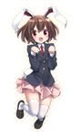  :3 :d animal_ears blazer blush brown_hair bunny_ears bunny_tail cosplay inaba_tewi jacket loafers looking_at_viewer necktie open_mouth paw_pose peko red_eyes red_neckwear reisen_udongein_inaba reisen_udongein_inaba_(cosplay) shoes short_hair skirt smile solo tail thighhighs touhou white_legwear zettai_ryouiki 