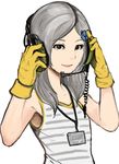  bangs brown_eyes flat_chest flower gloves hair_flower hair_ornament lips long_hair metal_gear_(series) metal_gear_rising:_revengeance midnight_osll name_tag parted_bangs silver_hair smile solo striped sunny_gurlukovich tank_top 