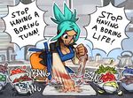  apron aqua_hair argyle argyle_legwear breasts cerebella_(skullgirls) cleavage cooking dark_skin dress emlan eyeshadow facial_tattoo food kitchen large_breasts makeup no_hat no_headwear parody punching short_dress skullgirls slap_chop solo tattoo thighhighs vince_offer you're_doing_it_wrong 