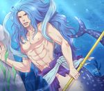  1boy abs blue_hair fishman_island foxvulpine fukaboshi kelp male male_focus merman monster_boy muscle ocean one_piece prince sash solo topless underwater weapon 