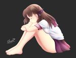  barefoot brown_hair closed_eyes cloudxmoe feet hair_ribbon highres leg_hug legs long_hair original ribbon school_uniform serafuku simple_background sitting skirt solo toes 