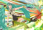  aqua_eyes aqua_hair boots cafekun copyright_name dress flower hair_flower hair_ornament hatsune_miku headphones long_hair open_mouth pansy project_diva_(series) project_diva_f solo star thighhighs twintails very_long_hair vocaloid weekender_girl_(vocaloid) 