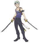  1boy backpack bag bandanna dual_wielding earrings full_body goggles goggles_on_head green_hair highres jewelry male male_focus one_piece roronoa_zoro scabbard sheath skypiea solo standing sword tank_top weapon 