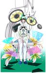  akkirarara aojiru_(yume_2kki) bad_id bad_pixiv_id broken crack expressionless flower full_body green_hair highres holding iei intravenous_drip lily_(flower) looking_at_viewer male_focus nail_polish oxygen_mask pajamas portrait_(object) red_eyes sitting solo yume_2kki 