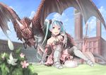  arm_support armor armored_dress bad_id bad_pixiv_id cake cloud day dragon dress eating elbow_gloves food fork gauntlets gloves grass greaves hatsune_miku highres horn long_hair on_ground open_mouth saraki sitting sky sword thighhighs twintails vocaloid weapon 