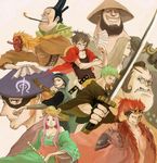  1girl 6+boys alternate_costume basil_hawkins black_hair blonde_hair brown_hair capone_gang_bege conical_hat domino_mask eustass_captain_kid fan fur_trim glasses green_hair hat japanese_clothes jewelry_bonney katana killer_(one_piece) long_hair mask monkey_d_luffy multiple_boys nodachi one_piece pink_hair red_hair roronoa_zoro scabbard scratchmen_apoo sheath sheathed smoking_pipe straw_hat supernova sword trafalgar_law urouge weapon x_drake 