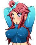  1girl arms_behind_head arms_up blush breasts bust erect_nipples fuuro_(pokemon) gym_leader hair_ornament heart heart-shaped_pupils hypnosis impossible_clothes large_breasts mind_control nintendo pokemon pokemon_(game) pokemon_bw red_hair ribs simple_background solo symbol-shaped_pupils upper_body white_background 