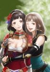  3459ym armor black_hair breasts brown_eyes brown_hair cleavage dress elbow_gloves fingerless_gloves flower gloves hair_flower hair_ornament hairband hug ii_naotora ii_naotora_(sengoku_musou) large_breasts multiple_girls one_eye_closed pauldrons protagonist_(sengoku_musou_chronicle) sengoku_musou sengoku_musou_3 tiara 