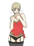  bad_id bad_pixiv_id bare_shoulders black_legwear black_panties blonde_hair blue_eyes blush breasts camisole cleavage cowboy_shot embarrassed garter_straps large_breasts niisan_alpha panties resident_evil resident_evil_6 sherry_birkin short_hair solo tears thighhighs underwear 