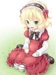  blonde_hair bow dress grass green_eyes hairband idolmaster idolmaster_cinderella_girls lolita_hairband long_sleeves mary_janes open_mouth pantyhose red_dress sakurai_momoka shoes short_over_long_sleeves short_sleeves sitting smile solo striped striped_legwear tilm wariza 