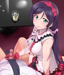  1girl blush bow breasts censored cup gloves green_eyes hair_bow hairband handjob hetero ice large_breasts long_hair looking_at_viewer love_live! love_live!_school_idol_project mosaic_censoring necktie penis pink_gloves pink_scrunchie plaid plaid_skirt pov purple_hair red_gloves scrunchie sitting skirt smile suspenders table toujou_nozomi youkan 