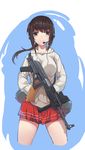  assault_rifle brown_eyes brown_hair fangdan_runiu gun hands_in_pockets headset hood hood_down hoodie long_hair original ponytail pouch rifle skirt smile solo weapon 