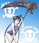  ahoge black_hair chainsaw fearless_night fernandez_(fearless_night) flat_chest hair_ornament highres long_hair nail_polish one-piece_swimsuit poco_muerte school_swimsuit scythe skull_hair_ornament solo spike_wible swimsuit twintails 