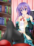  black_legwear blush book bookshelf cardigan chair crossed_legs gj-bu long_hair long_sleeves narumi_yuu_(imitmoon) off_shoulder pantyhose purple_eyes purple_hair school_uniform sitting smile solo sumeragi_shion sweater thighband_pantyhose very_long_hair 