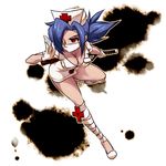  bandages blue_hair breasts choker cleavage dress eyepatch gloves hair_over_one_eye hat large_breasts mask name_tag nurse nurse_cap ponytail red_cross red_eyes running saw shimomoto short_dress skullgirls solo surgical_mask valentine_(skullgirls) weapon white_gloves 