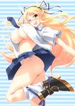  ass blonde_hair blue_neckwear boots bouncing_breasts breasts covered_nipples fuyube_rion green_eyes hair_ribbon horizontal-striped_background katsuragi_(senran_kagura) large_breasts legs long_hair looking_at_viewer md5_mismatch navel necktie no_bra open_clothes open_mouth open_shirt panties pleated_skirt ribbon senran_kagura senran_kagura_shoujo-tachi_no_shin'ei shirt side-tie_panties skirt smile socks solo striped striped_background striped_panties thighs twisted_torso underboob underwear white_legwear 