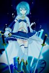  bad_id bad_pixiv_id blue_eyes blue_hair blurry bubble cape checkered checkered_background frills gloves magical_girl mahou_shoujo_madoka_magica miki_sayaka pleated_skirt short_hair skirt smile solo sword tears thighhighs tori_(otori) weapon wheel white_legwear 