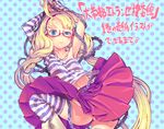  ahoge armpits arms_up blonde_hair blue_eyes blush breasts chain covered_nipples cuffs glasses handcuffs highres honzawa_yuuichirou long_hair medium_breasts navel no_bra original shirt skirt solo striped striped_legwear striped_shirt thighhighs very_long_hair 