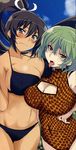  2girls aoi_manabu bikini black_hair blush bra breasts brown_eyes dark_skin green_eyes green_hair hikage_(senran_kagura) homura_(senran_kagura) huge_breasts long_hair multiple_girls panties ponytail senran_kagura senran_kagura_(series) short_hair swimsuit tattoo underwear 