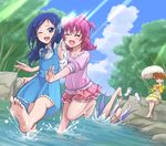  aida_mana ankle_boots bad_id bad_pixiv_id barefoot blue_eyes blue_hair blush boots boots_removed brown_hair cloud day dokidoki!_precure double_bun dress eyelashes falling feet flipped_hair half_updo happy hishikawa_rikka kenzaki_makoto long_hair multiple_girls nature ogry_ching outdoors ponytail precure purple_hair shoes_removed short_hair shorts sitting skirt sky soles toes tree tripping umbrella water white_footwear yotsuba_alice 