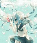  ahoge anju_(mocomocousagi) aqua_eyes aqua_hair bad_id bad_pixiv_id bottle_miku fish floating_hair hair_ribbon hatsune_miku liquid_hair long_hair midriff navel ribbon sailor_collar_lift school_uniform serafuku skirt solo submerged twintails underwater very_long_hair vocaloid 