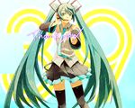  39 bad_id bad_pixiv_id detached_sleeves green_eyes green_hair hatsune_miku headphones highres long_hair necktie open_mouth pointing pun skirt solo sorakura_shikiji thank_you thighhighs twintails very_long_hair vocaloid 