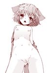  animal_ears blush fang flat_chest kasodani_kyouko monochrome navel nipples nude off_shoulder open_mouth pussy short_hair solo tail takara_akihito touhou 