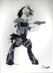  5j4c720 action_pose blur clothing combat equine gun horn horse little male mammal military my my_little_pony original_character plain_background pony ranged_weapon solo unicorn weapon white_background 