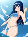  bikini blue_eyes blue_hair blush breasts cloud day futaba_aoi_(vividred_operation) hairband highres long_hair medium_breasts navel shiratori_serano sky smile solo swimsuit vividred_operation wading water 