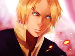  1boy blonde_hair blue_eyes bright_eyes formal looking_at_viewer male male_focus one_piece popped_collar sanji shirt solo suit white_shirt 