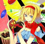  alice_margatroid alternate_costume blonde_hair blue_eyes chocolate chocolate_heart contemporary heart scarf short_hair silk smile solo spider_web touhou tsurukame 