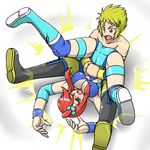  1boy 1girl ass blonde_hair blush boots breasts cleavage defeated denji_(pokemon) empty_eyes fuuro_(pokemon) gym_leader large_breasts nintendo pain pokemon red_hair spread_legs sweat tears thighs uujiteki-33 wrestling wrestling_outfit 