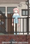  artist_name blue_eyes brick_wall expressionless grass jitome long_hair original pink_hair railing running_bond sleeves_past_wrists solo stairs tugeneko twintails 