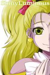  blonde_hair bloom character_name closed_mouth dress earrings futari_wa_precure futari_wa_precure_max_heart hair_ornament highres jewelry kujou_hikari long_hair magical_girl nishi_koutarou out_of_frame portrait precure ribbon shiny_luminous simple_background smile solo twintails white_background 