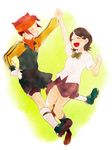  1girl bad_id bad_pixiv_id black_legwear bow bowtie brown_hair closed_eyes endou_mamoru gloves grin hair_ornament hairclip headband inazuma_eleven inazuma_eleven_(series) kino_aki kneehighs laughing open_mouth school_uniform short_hair skirt smile soccer_uniform sportswear tomo_(sjim) 