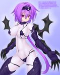  asamura_hiori blue_background bodysuit breasts claws highres large_breasts long_hair navel original purple_hair red_eyes revealing_clothes simple_background skin_tight solo translation_request wings 