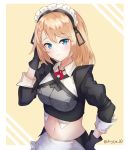  1girl absurdres angdo_(kakajo26) apron armor bangs black_gloves blonde_hair blue_eyes blush braid breasts collared_shirt cropped_shirt eyebrows_visible_through_hair g36_(girls_frontline) girls_frontline gloves hair_between_eyes hand_on_hip hand_on_own_head highres looking_at_viewer maid maid_headdress medium_breasts medium_hair midriff mod3_(girls_frontline) navel shirt sidelocks solo tsurime twitter_username two-tone_background upper_body 