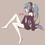 39 arm_support chaki_(chakan) detached_sleeves green_eyes green_hair hatsune_miku headphones long_hair necktie simple_background sitting solo twintails very_long_hair vocaloid 