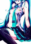  aqua_hair detached_sleeves hatsune_miku highres long_hair mubouou_aasaa navel necktie open_clothes open_shirt shirt simple_background skirt solo thighhighs twintails very_long_hair vocaloid white_background 
