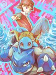  baseball_cap blastoise brown_eyes gen_1_pokemon hat looking_at_viewer pokemon pokemon_(creature) pokemon_(game) pokemon_frlg red_(pokemon) red_(pokemon_frlg) san_(tinami) smile squirtle tinami water 